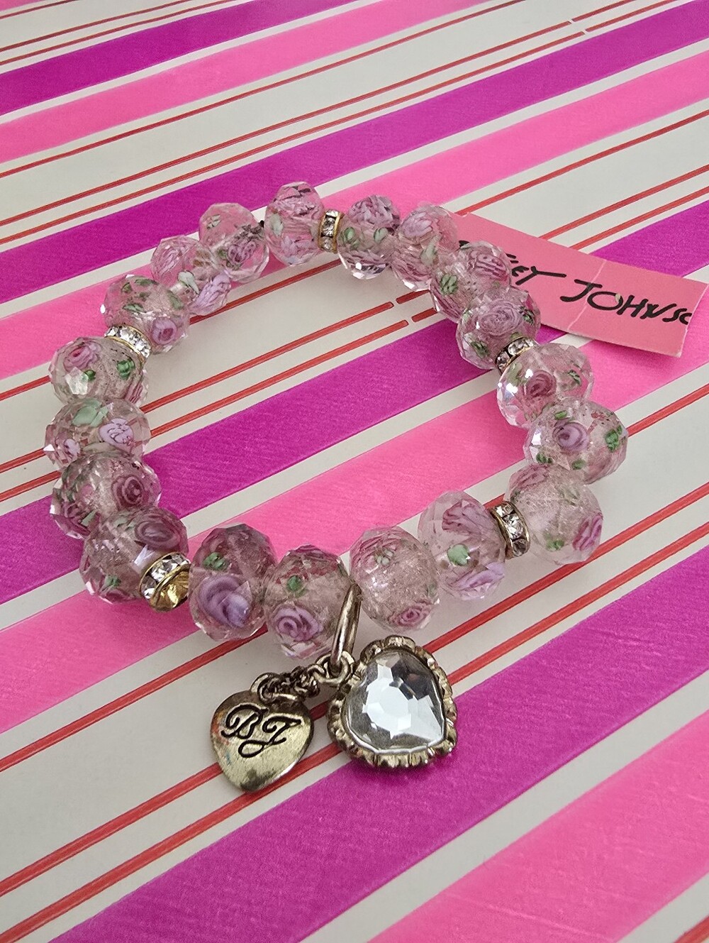 Betsey Johnson Pink Rose Bead Charm Bracelet with Heart Crystal